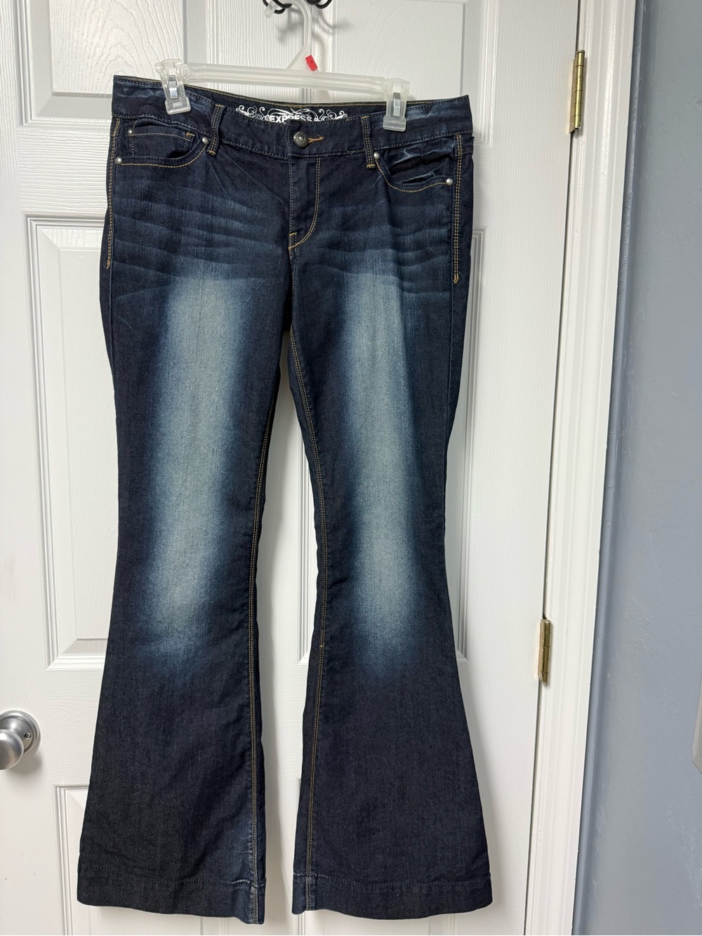 Express Dark Blue Flare Jeans with Faded Front Panels
